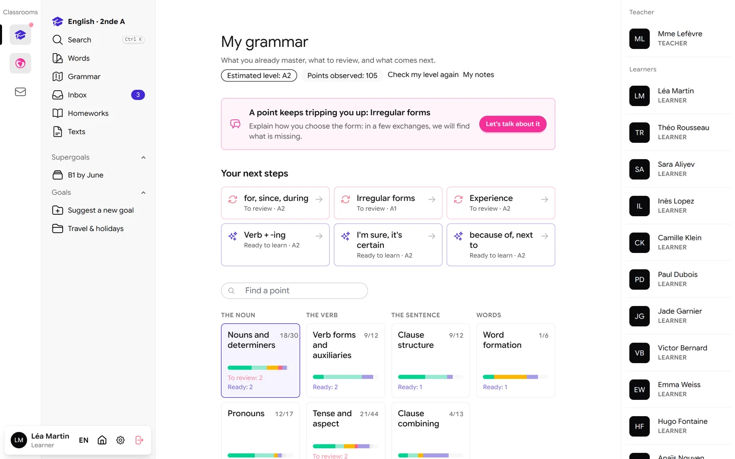 Valoda's grammar map: what the learner has mastered, what to review and their next steps.
